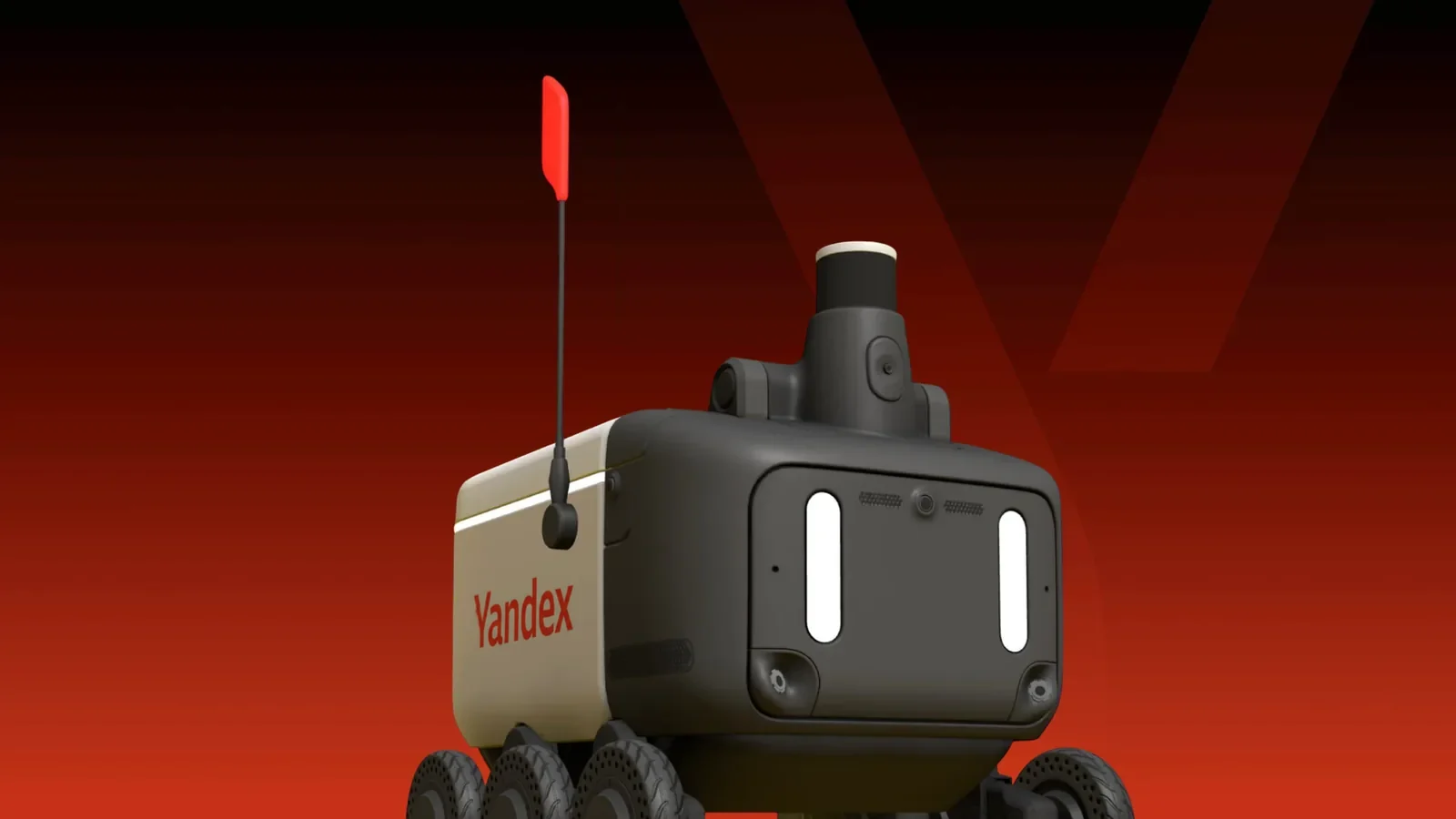 A Yandex delivery robot on a red background